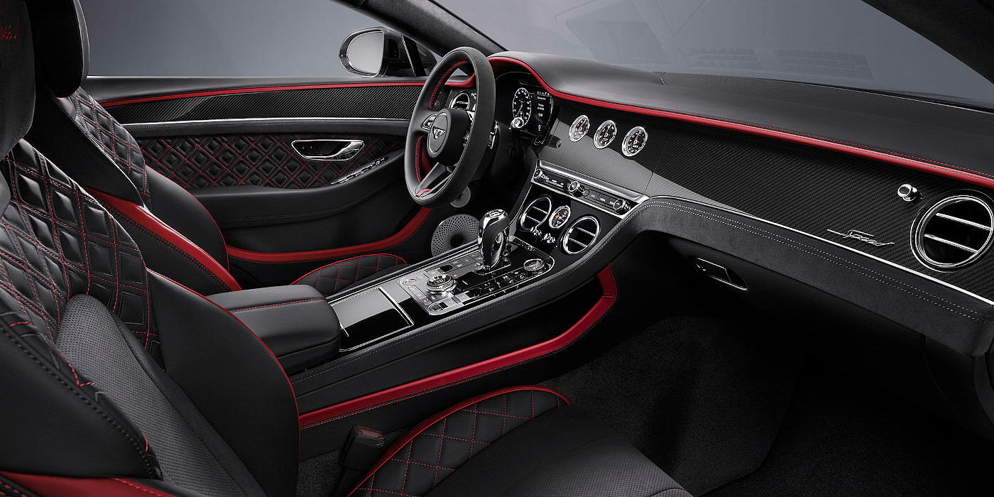 Bentley Cambridge Bentley Continental GT Speed coupe front interior in Beluga black and Hotspur red hide