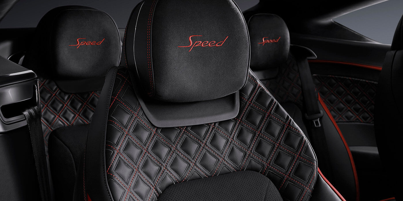 Bentley Cambridge Bentley Continental GT Speed coupe seat close up in Beluga black and Hotspur red hide
