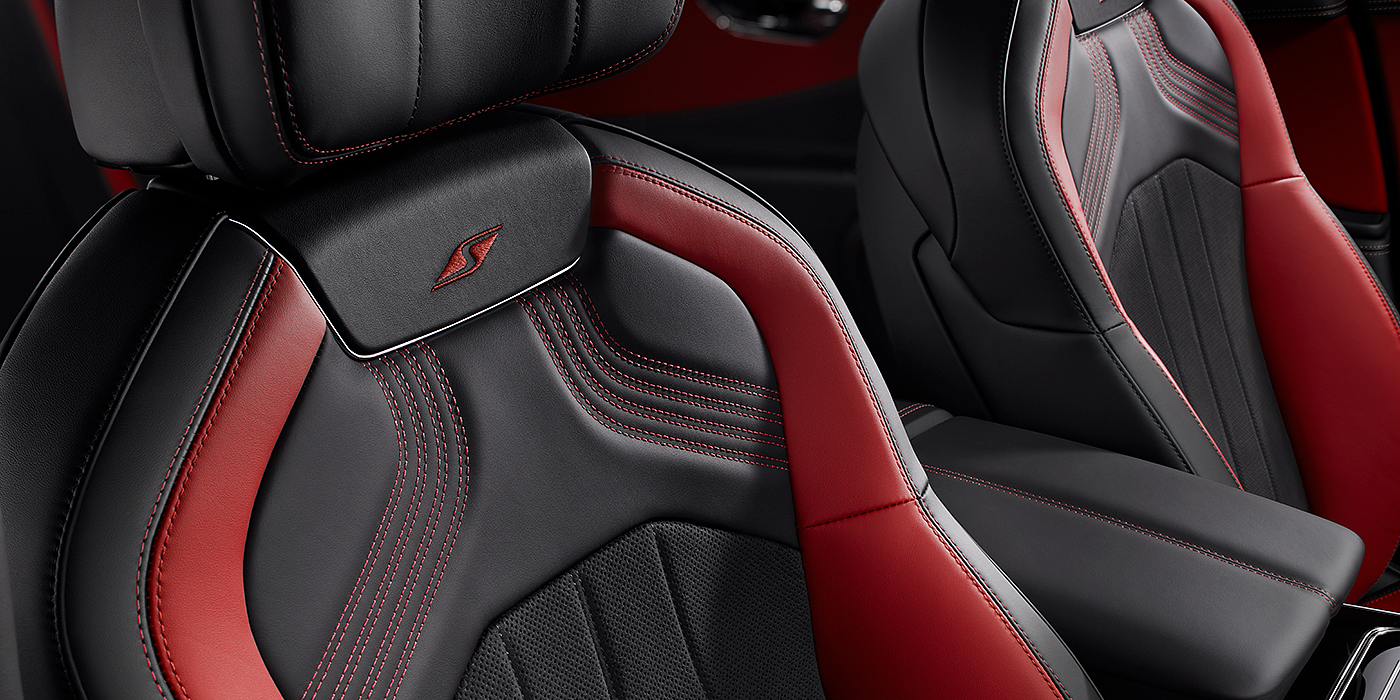 Bentley Cambridge Bentley Flying Spur S seat in Beluga black and hotspur red hide with S emblem stitching
