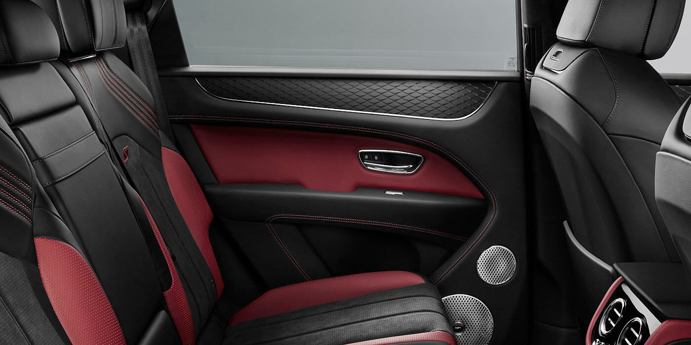 Bentley Cambridge Bentley Bentayga S SUV rear interior in Beluga black and Hotspur red hide