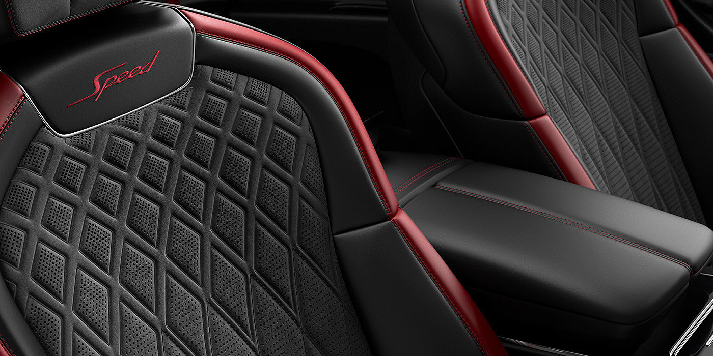 Bentley Cambridge Bentley Flying Spur Speed sedan seat stitching detail in Beluga black and Cricket Ball red hide