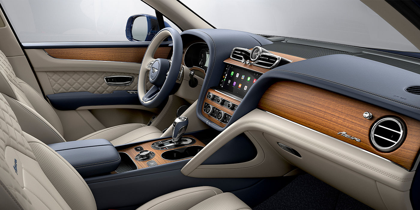 Bentley Cambridge Bentley Bentayga Azure SUV front interior in Imperial Blue and Linen hide