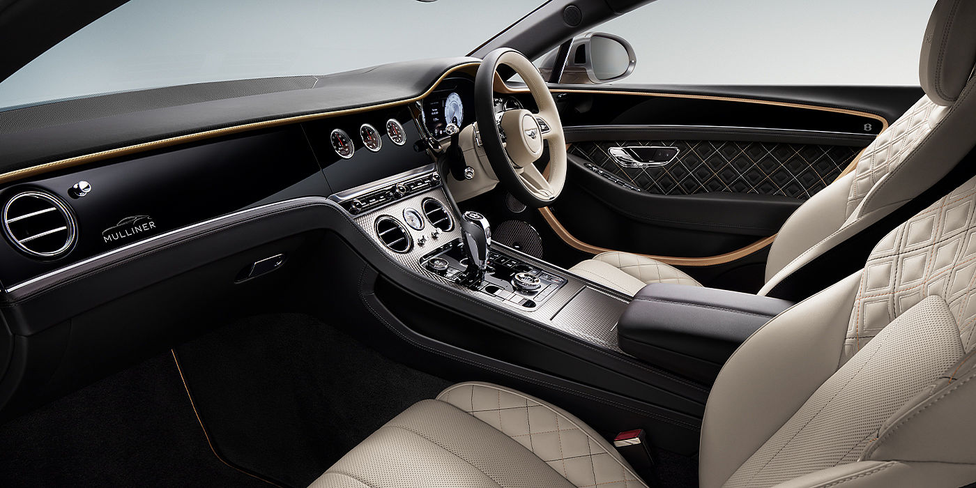 Bentley Cambridge Bentley Continental GT Mulliner coupe front interior in Beluga black and Linen hide