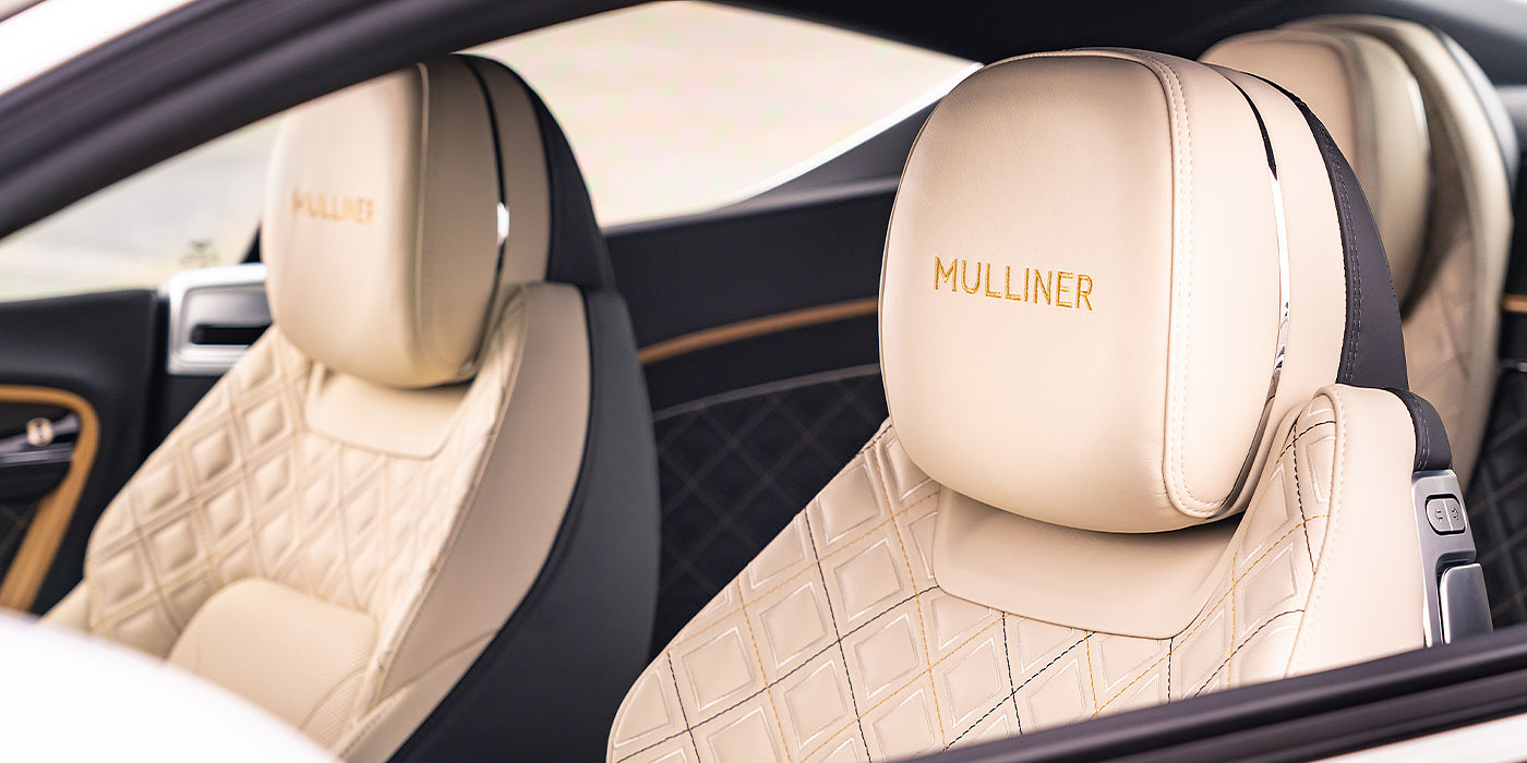 Bentley Cambridge Bentley Continental GT Mulliner coupe seat detail in Beluga black and Linen hide