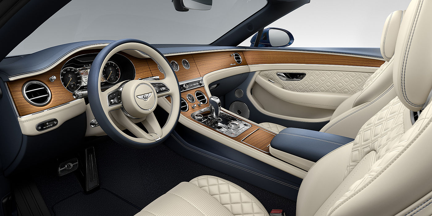 Bentley Cambridge Bentley Continental GTC Azure convertible front interior in Imperial Blue and Linen hide