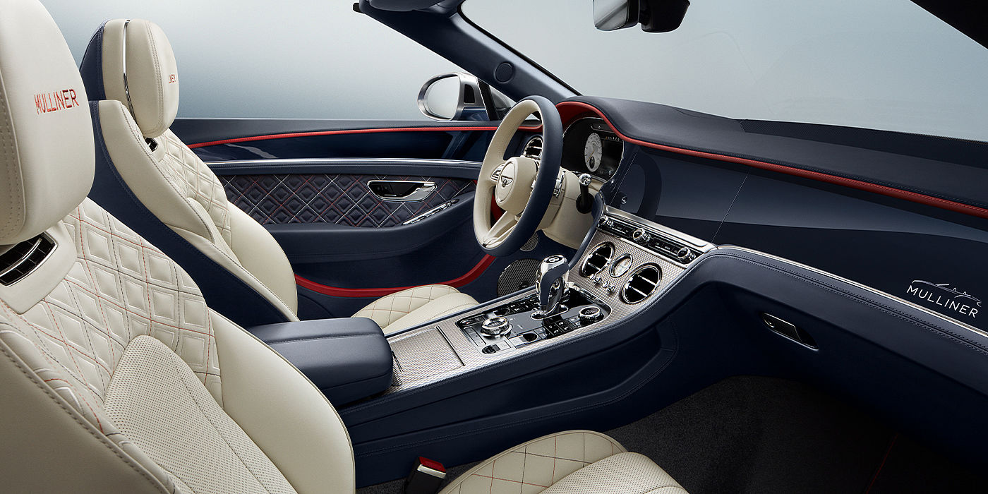 Bentley Cambridge Bentley Continental GTC Mulliner convertible front interior in Imperial Blue and Linen hide